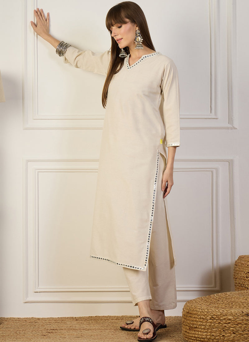 Vegaa Fashion Cream Embroidered Woven Silk Kurti Suit | Grocsy
