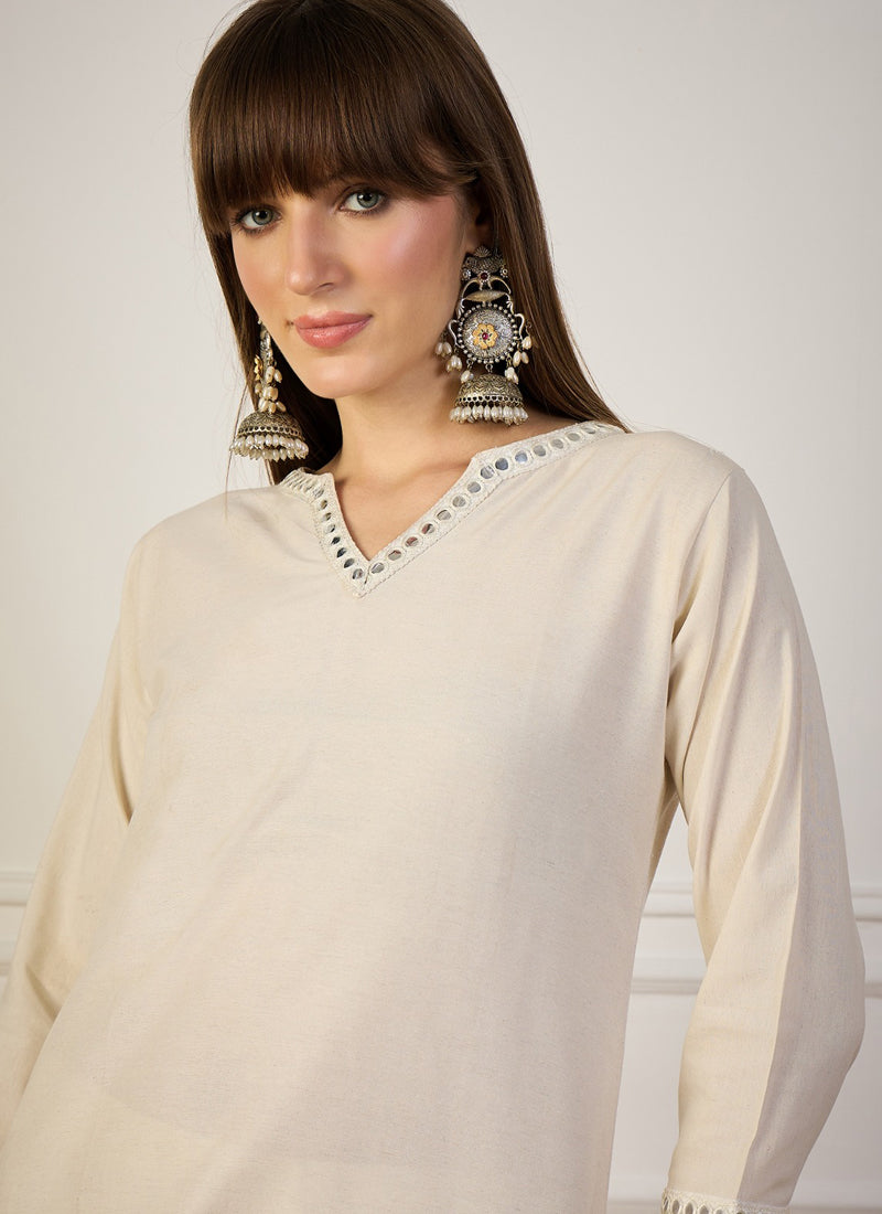 Vegaa Fashion Cream Embroidered Woven Silk Kurti Suit | Grocsy