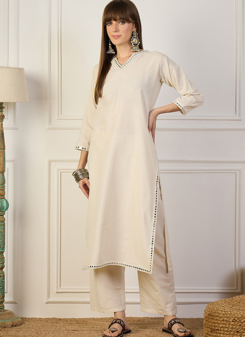 Vegaa Fashion Cream Embroidered Woven Silk Kurti Suit | Grocsy