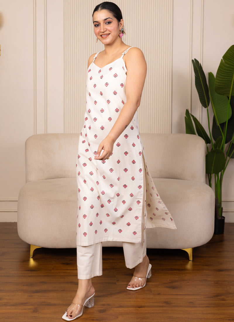 Vegaa Fashion Off-White Embroidered Woven Silk Kurti Suit | Grocsy