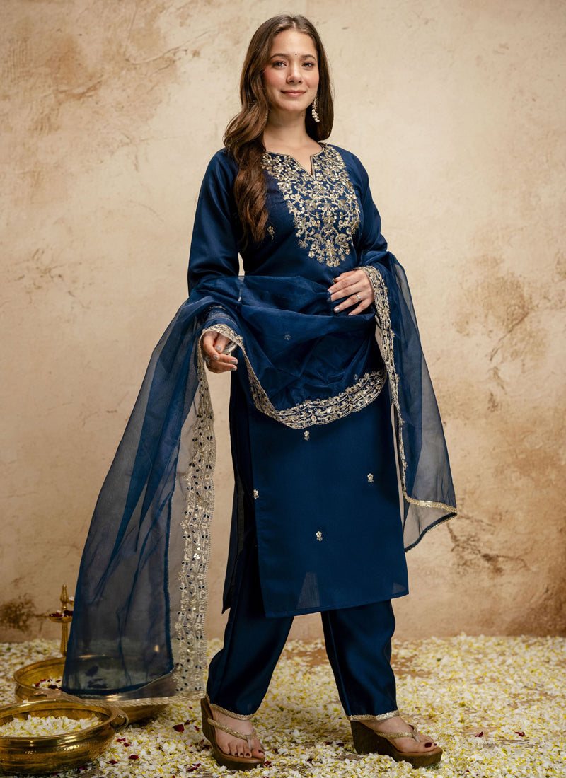 Vegaa Fashion Dark-Blue Embroidered Chanderi Salwar Suit | Grocsy