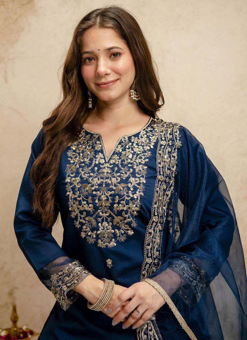 Vegaa Fashion Dark-Blue Embroidered Chanderi Salwar Suit | Grocsy