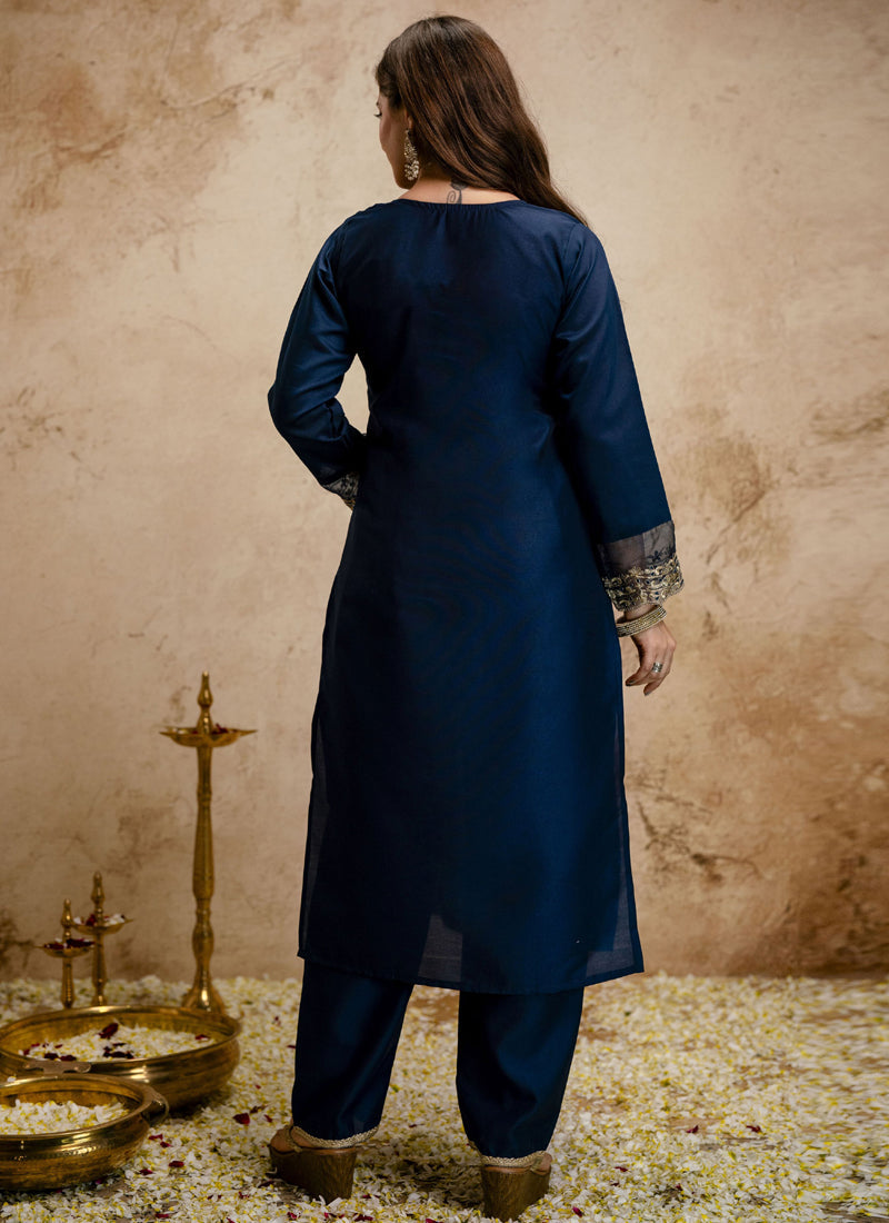 Vegaa Fashion Dark-Blue Embroidered Chanderi Salwar Suit | Grocsy