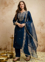 Vegaa Fashion Dark-Blue Embroidered Chanderi Salwar Suit | Grocsy