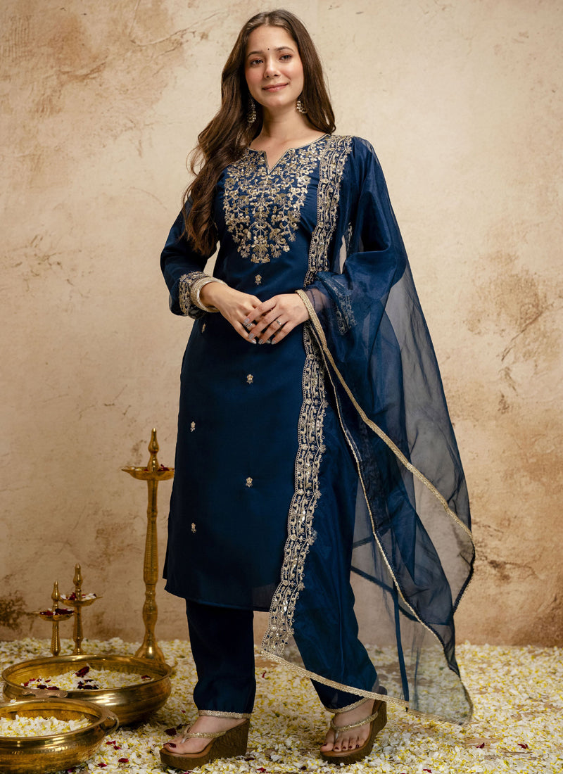 Vegaa Fashion Dark-Blue Embroidered Chanderi Salwar Suit | Grocsy