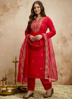 Vegaa Fashion Red Embroidered Chanderi Salwar Suit | Grocsy
