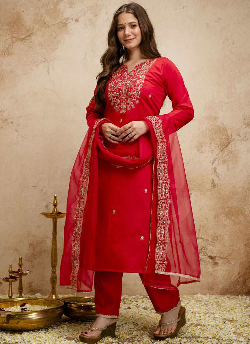 Vegaa Fashion Red Embroidered Chanderi Salwar Suit | Grocsy