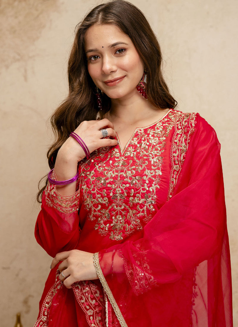 Vegaa Fashion Red Embroidered Chanderi Salwar Suit | Grocsy