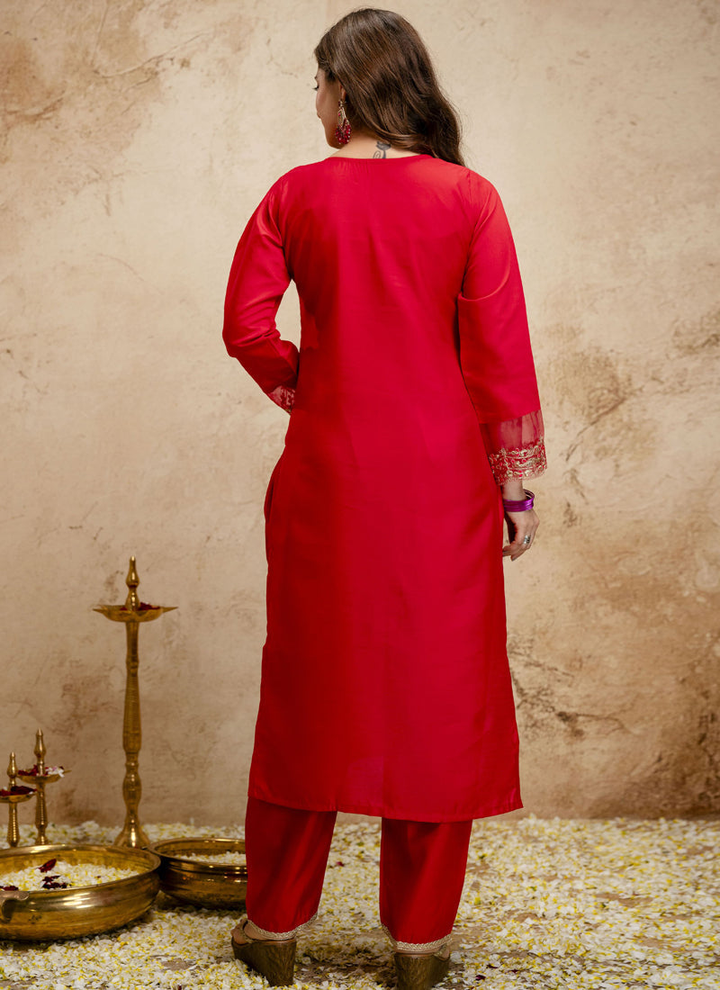 Vegaa Fashion Red Embroidered Chanderi Salwar Suit | Grocsy
