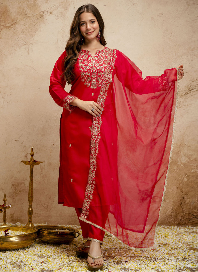 Vegaa Fashion Red Embroidered Chanderi Salwar Suit | Grocsy