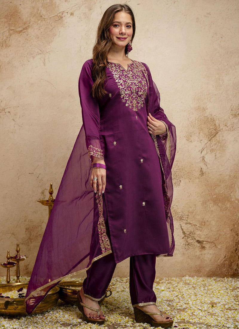 Vegaa Fashion Dark-Purple Embroidered Chanderi Salwar Suit | Grocsy