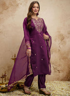 Vegaa Fashion Dark-Purple Embroidered Chanderi Salwar Suit | Grocsy