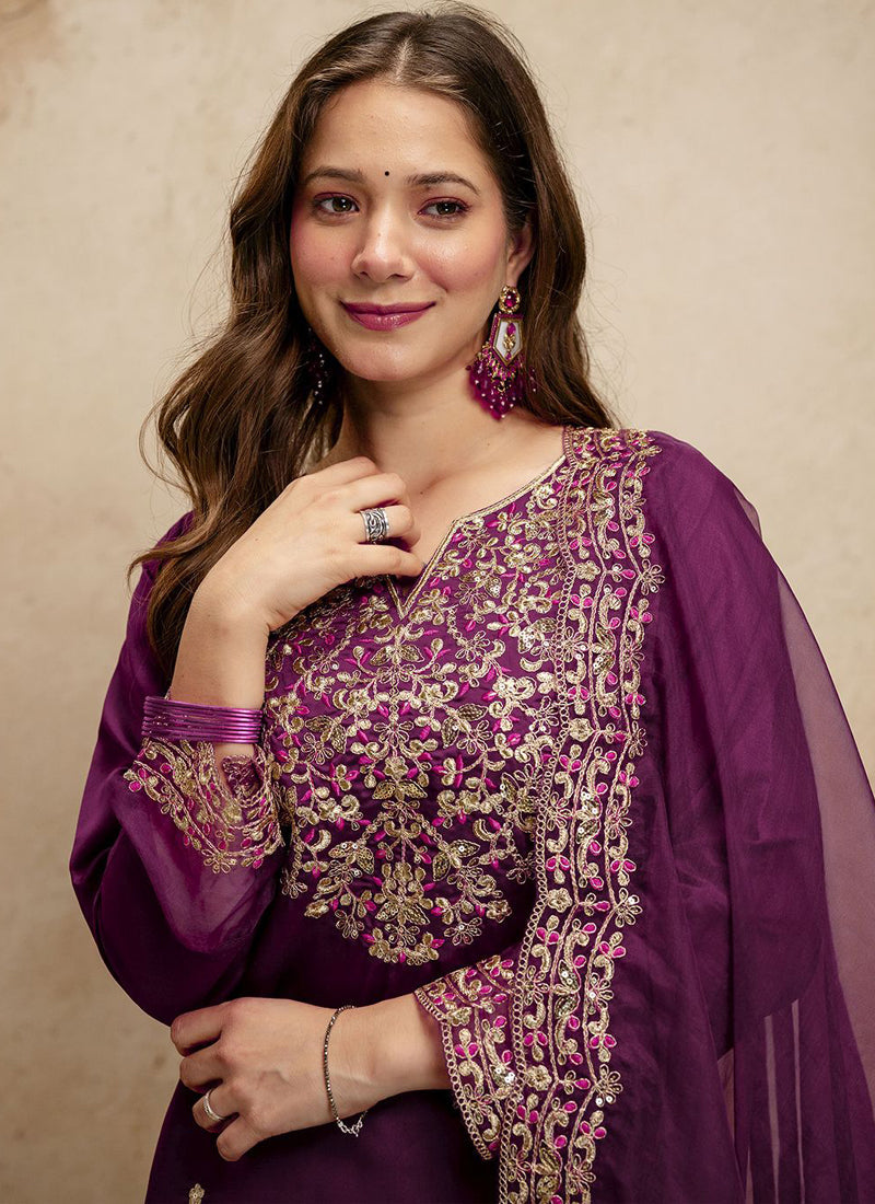 Vegaa Fashion Dark-Purple Embroidered Chanderi Salwar Suit | Grocsy