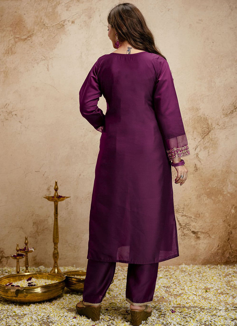 Vegaa Fashion Dark-Purple Embroidered Chanderi Salwar Suit | Grocsy
