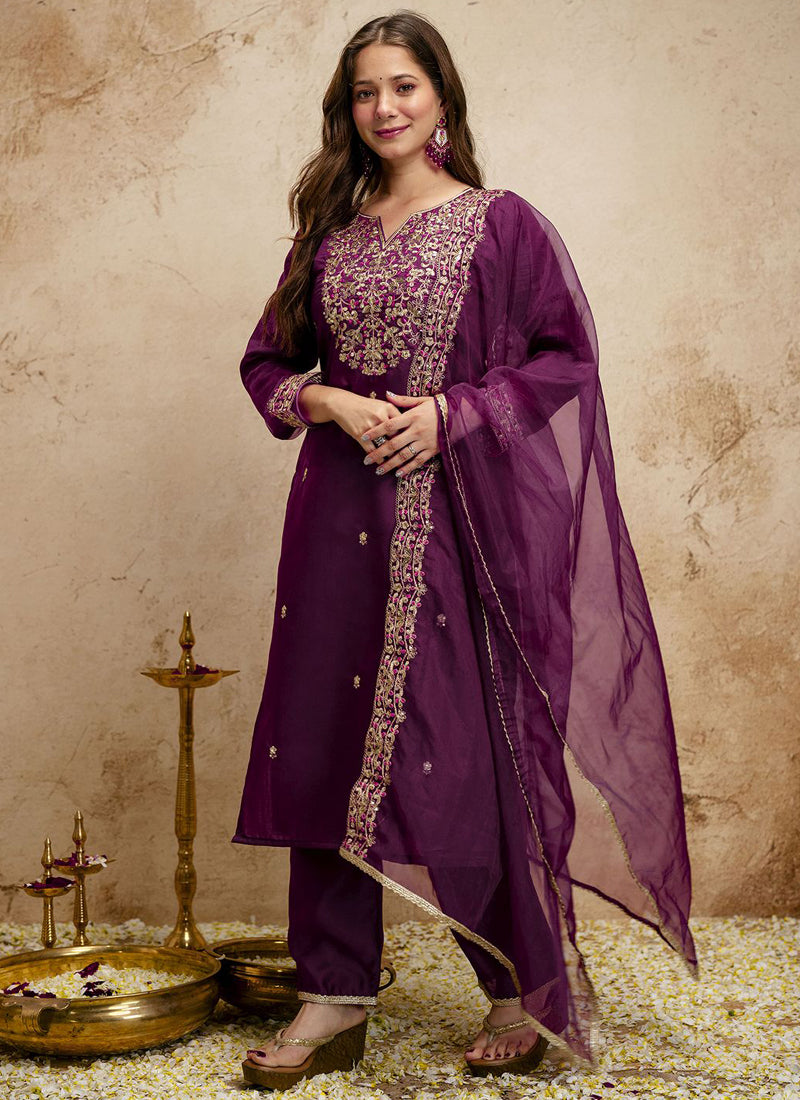 Vegaa Fashion Dark-Purple Embroidered Chanderi Salwar Suit | Grocsy