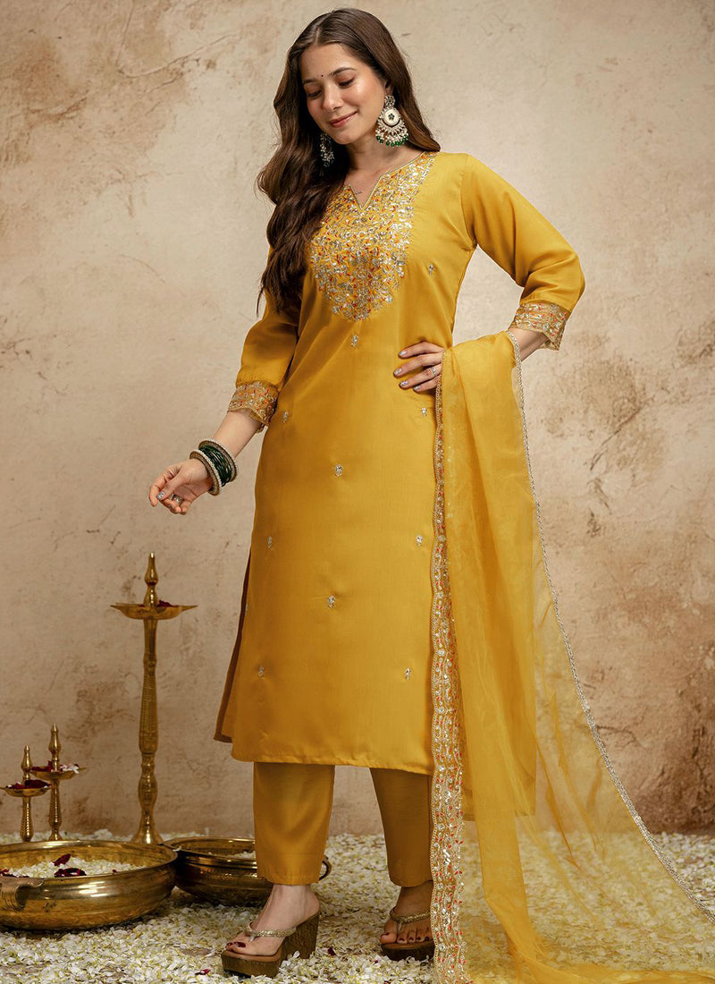 Vegaa Fashion Yellow Embroidered Chanderi Salwar Suit | Grocsy