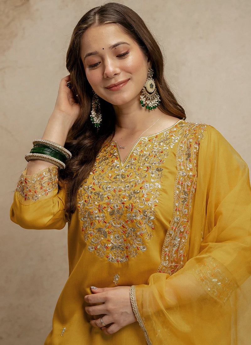 Vegaa Fashion Yellow Embroidered Chanderi Salwar Suit | Grocsy