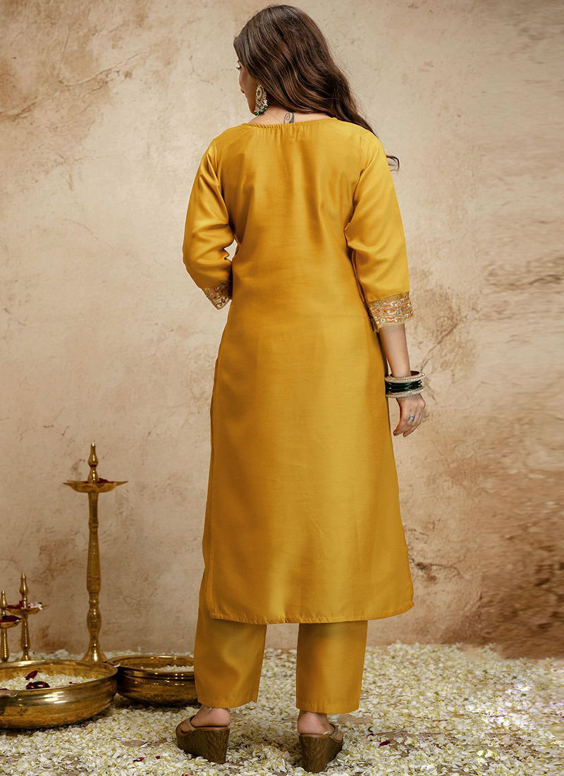 Vegaa Fashion Yellow Embroidered Chanderi Salwar Suit | Grocsy