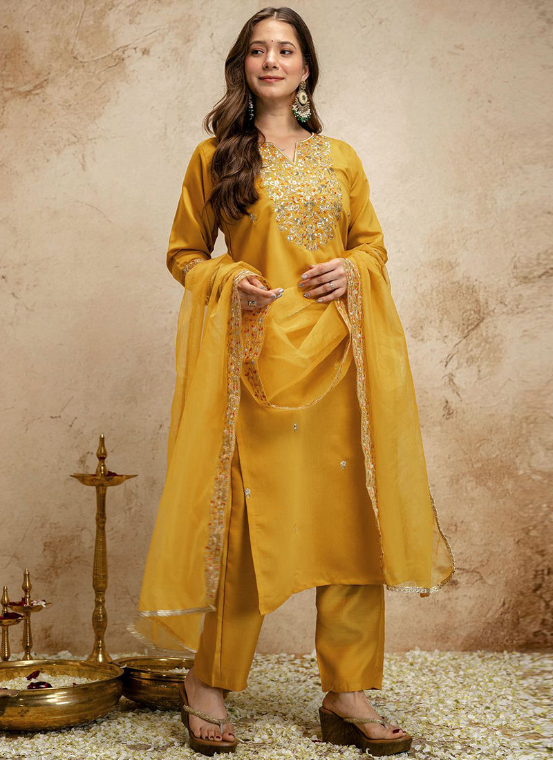 Vegaa Fashion Yellow Embroidered Chanderi Salwar Suit | Grocsy
