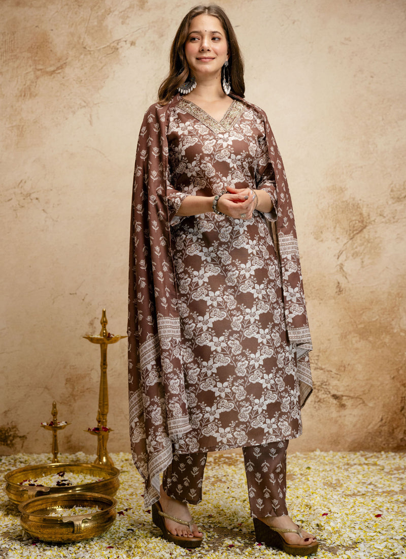Vegaa Fashion Brown Printed Megic Cotton Salwar Suit | Grocsy