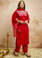 Vegaa Fashion Red Embroidered Chanderi Salwar Suit | Grocsy