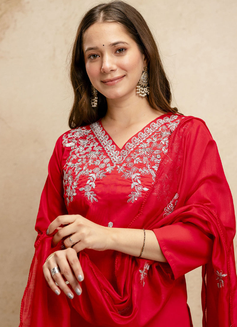 Vegaa Fashion Red Embroidered Chanderi Salwar Suit | Grocsy