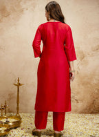 Vegaa Fashion Red Embroidered Chanderi Salwar Suit | Grocsy