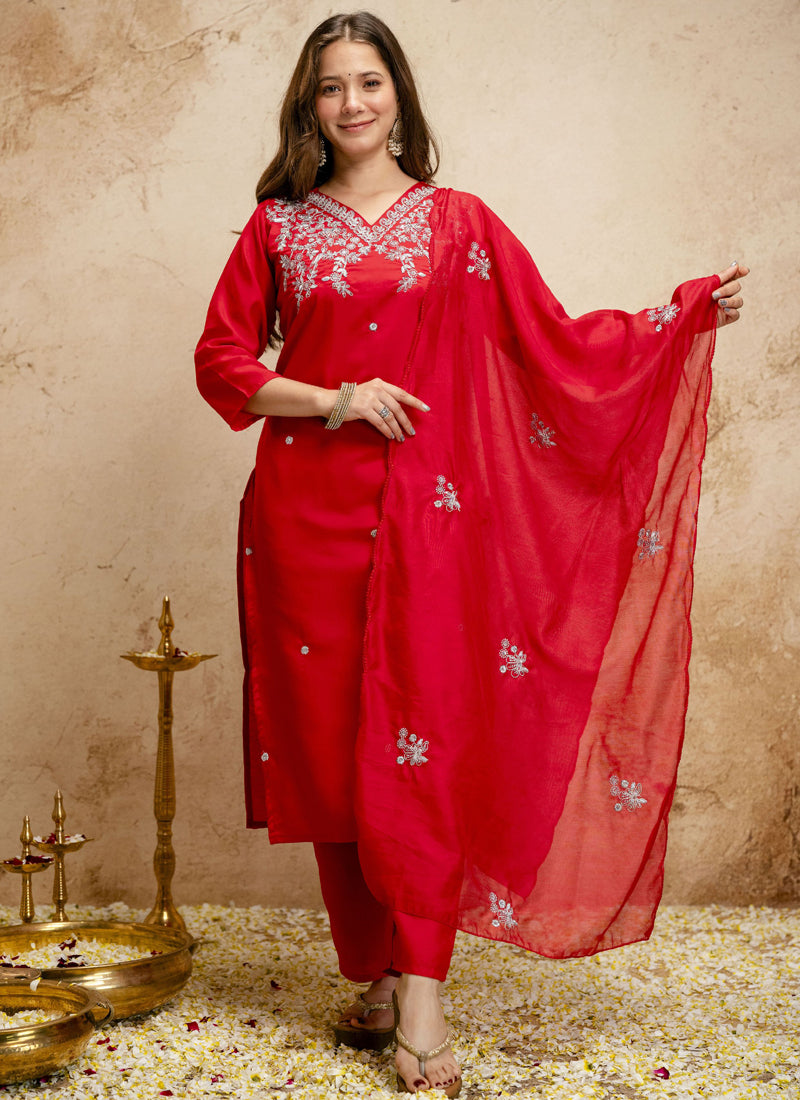 Vegaa Fashion Red Embroidered Chanderi Salwar Suit | Grocsy