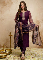 Vegaa Fashion Wine Embroidered Chanderi Salwar Suit | Grocsy