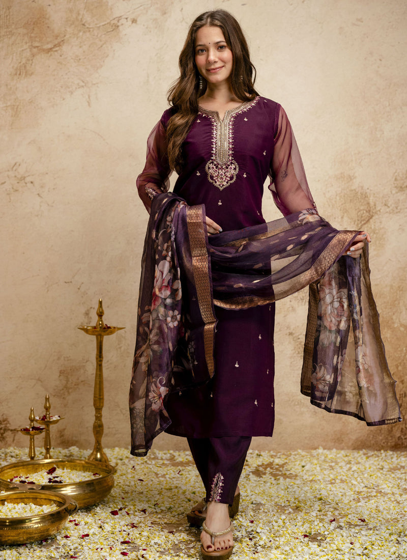 Vegaa Fashion Wine Embroidered Chanderi Salwar Suit | Grocsy
