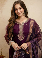 Vegaa Fashion Wine Embroidered Chanderi Salwar Suit | Grocsy