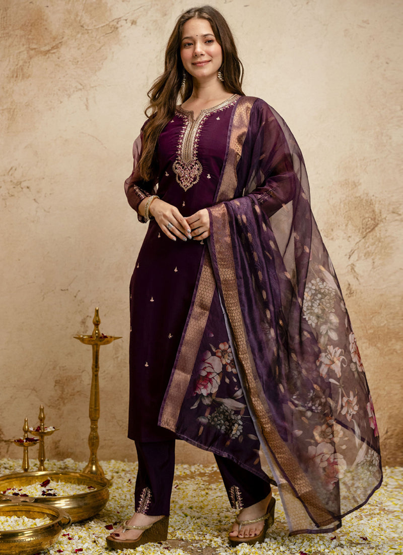 Vegaa Fashion Wine Embroidered Chanderi Salwar Suit | Grocsy