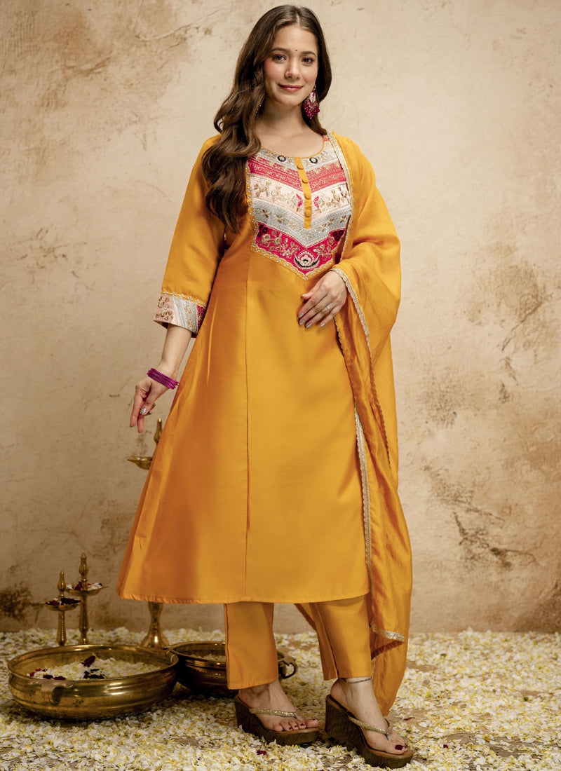 Vegaa Fashion Yellow Embroidered Vichitra Silk Anarkali Suit | Grocsy