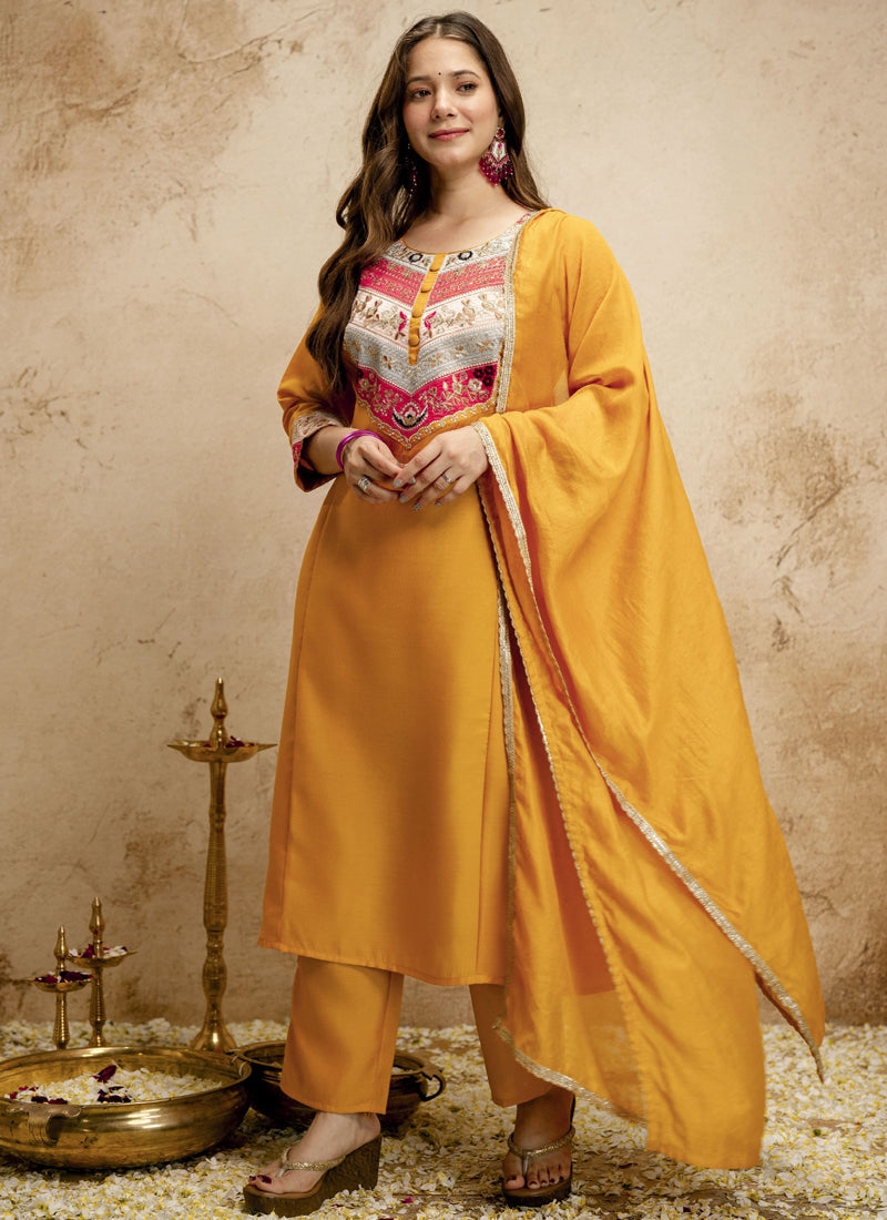 Vegaa Fashion Yellow Embroidered Vichitra Silk Anarkali Suit | Grocsy