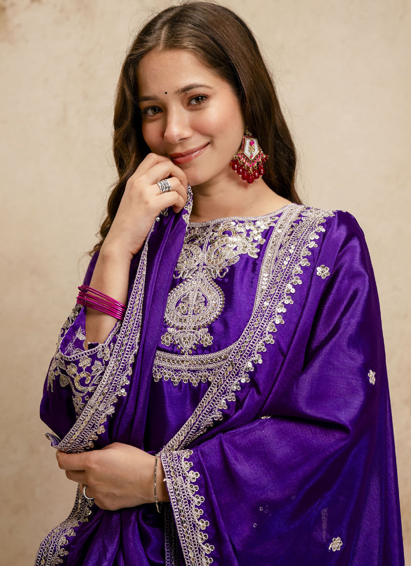 Vegaa Fashion Purple Embroidered Chanderi Salwar Suit | Grocsy