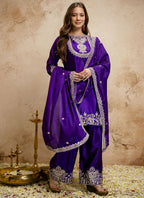 Vegaa Fashion Purple Embroidered Chanderi Salwar Suit | Grocsy