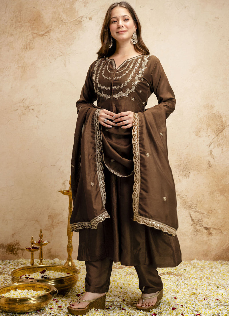 Vegaa Fashion Brown Embroidered Vichitra Silk Anarkali Suit | Grocsy