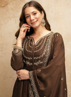 Vegaa Fashion Brown Embroidered Vichitra Silk Anarkali Suit | Grocsy