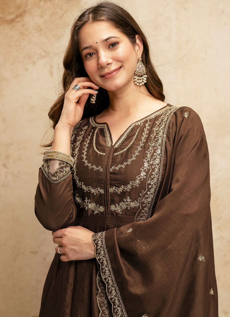 Vegaa Fashion Brown Embroidered Vichitra Silk Anarkali Suit | Grocsy