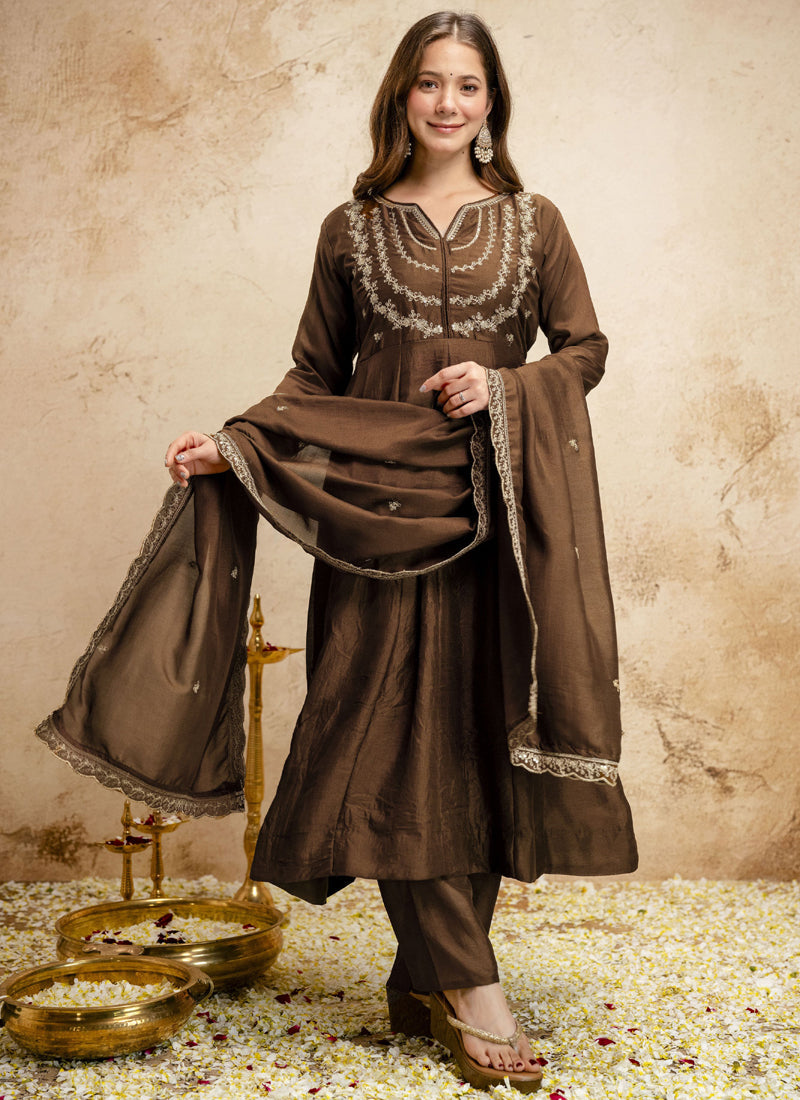 Vegaa Fashion Brown Embroidered Vichitra Silk Anarkali Suit | Grocsy