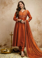 Vegaa Fashion Dark-Orange Embroidered Vichitra Silk Anarkali Suit | Grocsy