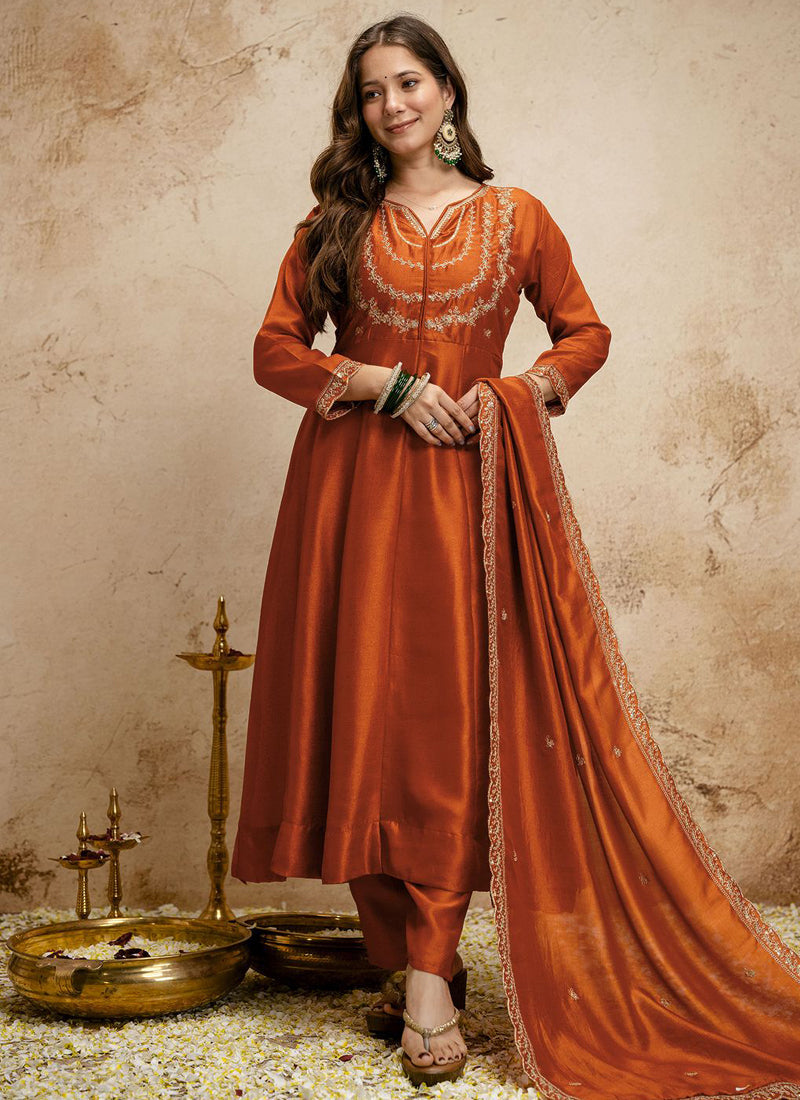 Vegaa Fashion Dark-Orange Embroidered Vichitra Silk Anarkali Suit | Grocsy