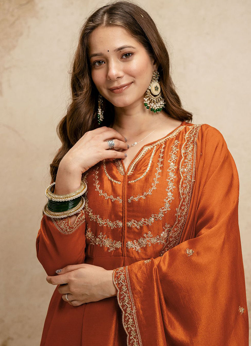 Vegaa Fashion Dark-Orange Embroidered Vichitra Silk Anarkali Suit | Grocsy