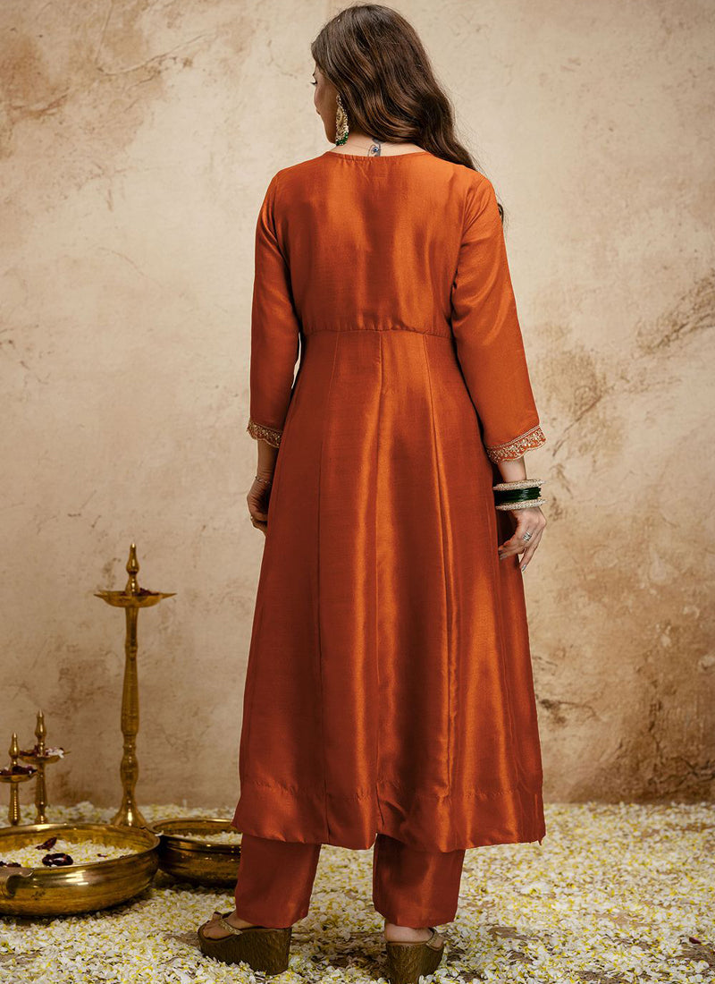 Vegaa Fashion Dark-Orange Embroidered Vichitra Silk Anarkali Suit | Grocsy