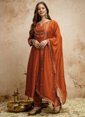 Vegaa Fashion Dark-Orange Embroidered Vichitra Silk Anarkali Suit | Grocsy