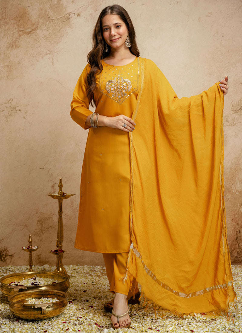Vegaa Fashion Yellow Embroidered Chanderi Salwar Suit | Grocsy