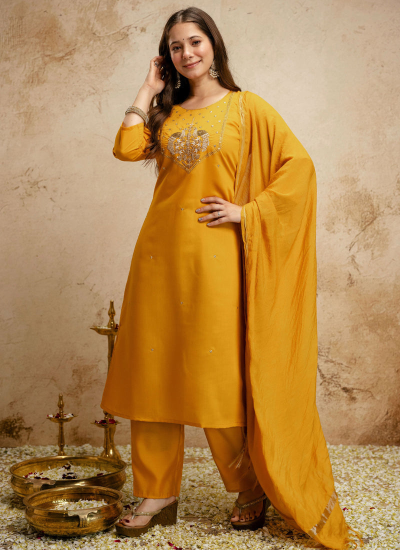Vegaa Fashion Yellow Embroidered Chanderi Salwar Suit | Grocsy