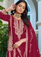 Vegaa Fashion Red Embroidered Chinon Silk Palazzo Suit | Grocsy