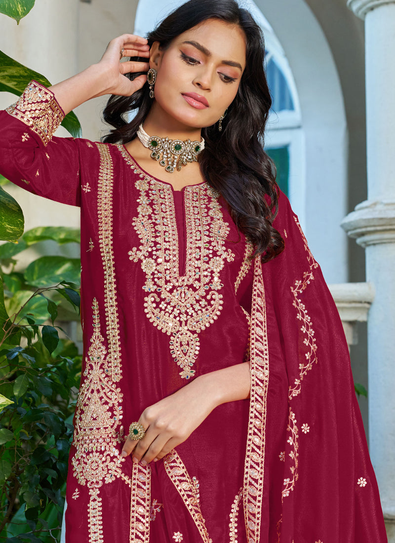 Vegaa Fashion Red Embroidered Chinon Silk Palazzo Suit | Grocsy