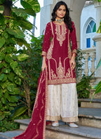 Vegaa Fashion Red Embroidered Chinon Silk Palazzo Suit | Grocsy